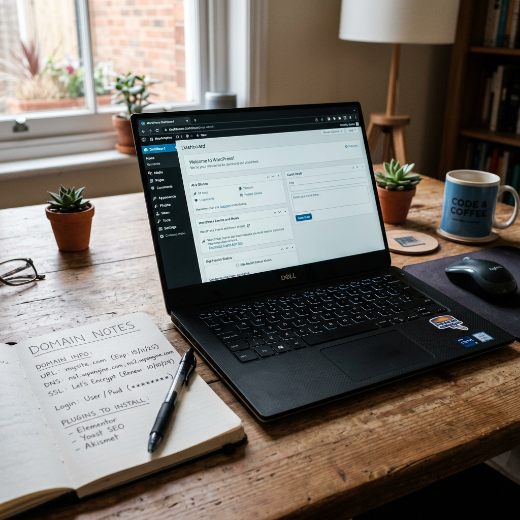 Laptop showing WordPress dashboard with domain notes and coffee mug on desk