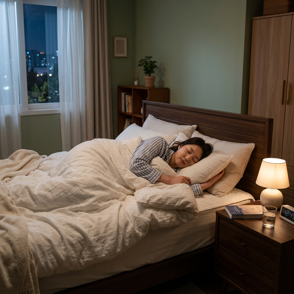 Woman sleeping peacefully in bed under white blankets at night
