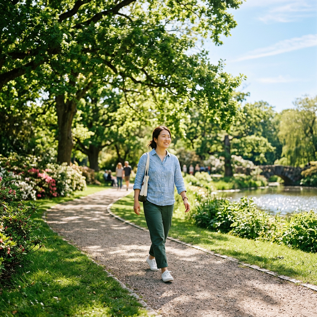 A woman walking happily on a gravel path beside a lake in a lush green park