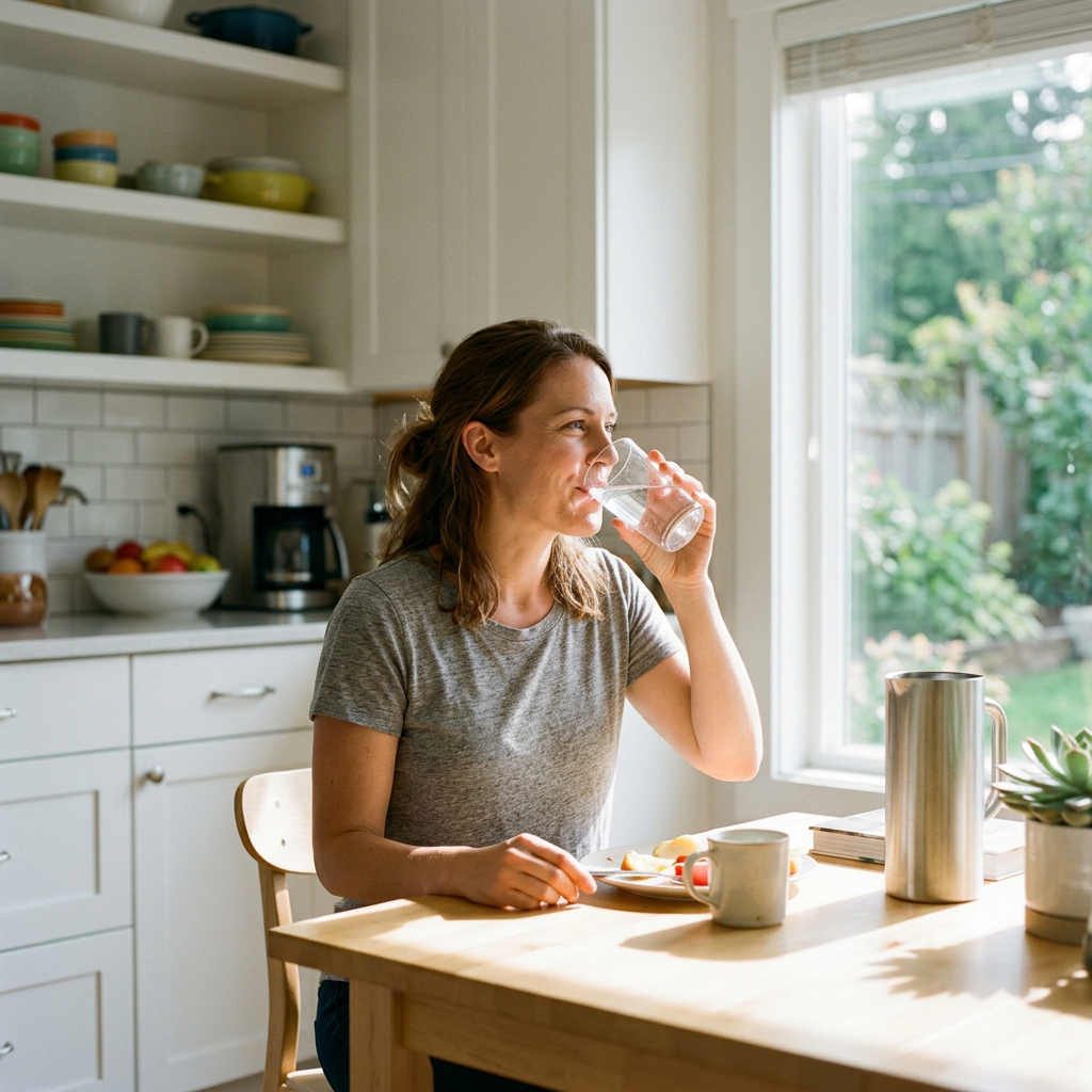 Woman sitting at kitchen table drinking water from a glass
