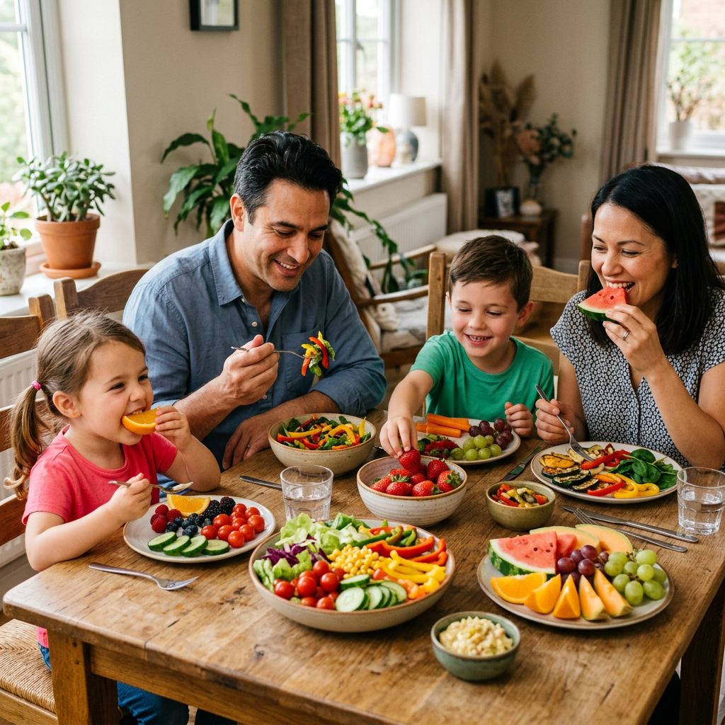 Eating vegetables and fruits at table