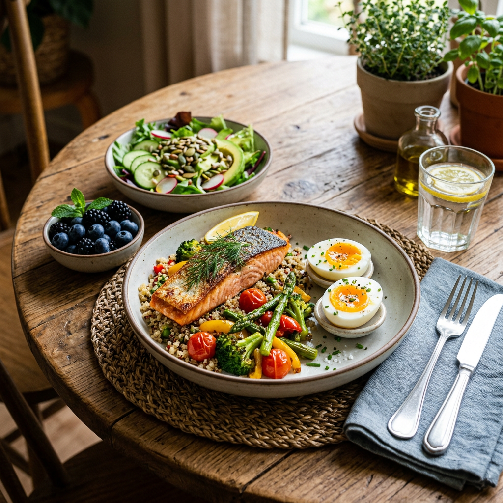 Plate with cooked salmon, boiled eggs, quinoa, assorted vegetables, side salad with cucumber and radishes, bowl of mixed berries, and a glass of lemon water