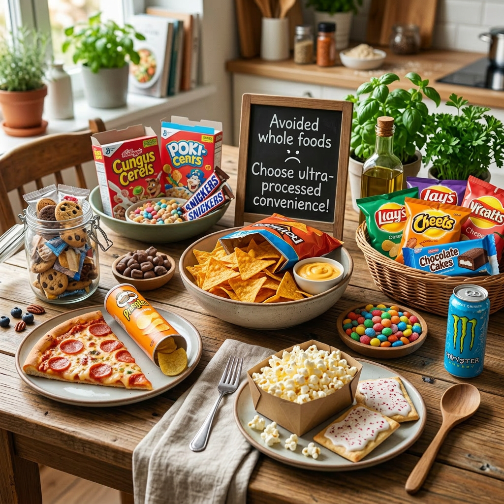 processed junk food snacks on table