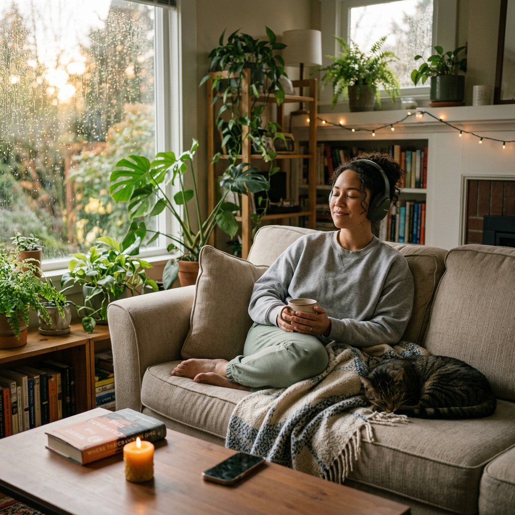 Person relaxing to relieve stress at home